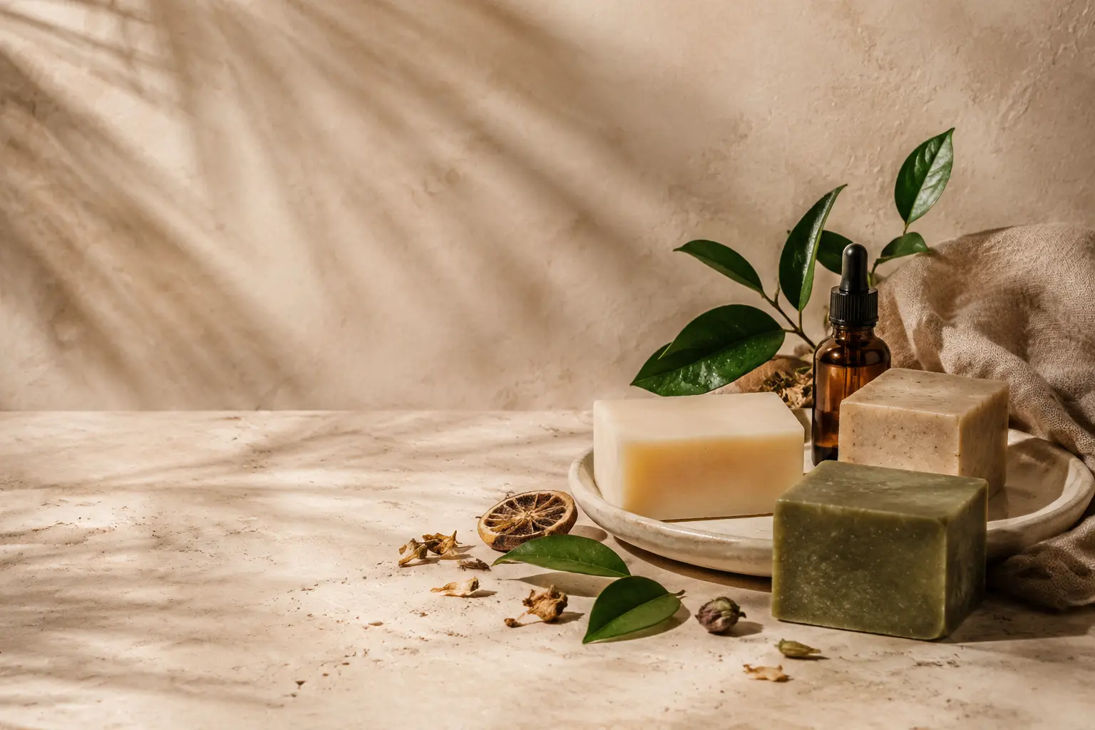 Handmade soaps, botanical leaves, and an amber wellness bottle in warm morning light